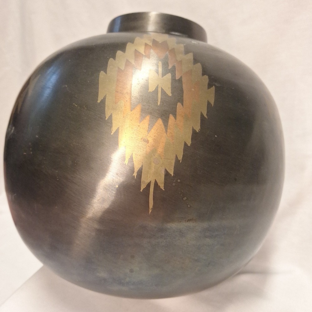 11.5" x 10.75" Vintage MCM Brass Art Ware Vase AMC NY Boho Geometric Southwest - Picture 7 of 16